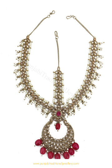 Antique Gold Finished Rubby Champagne Stone Matha Patti By PTJ Exclusive